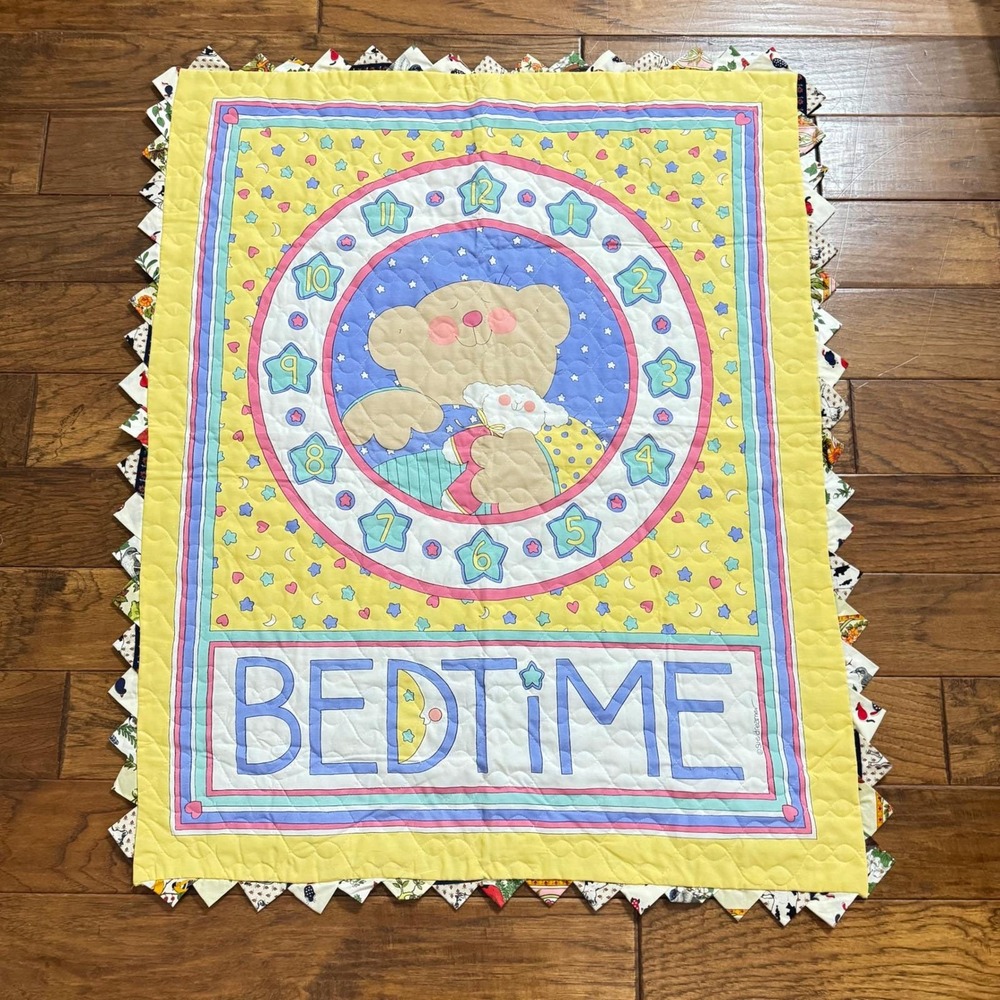 Sue Dreamer VTG Baby Quilt Bedtime‎ Teddy Bear Clock Yellow Prairie Point 36x45